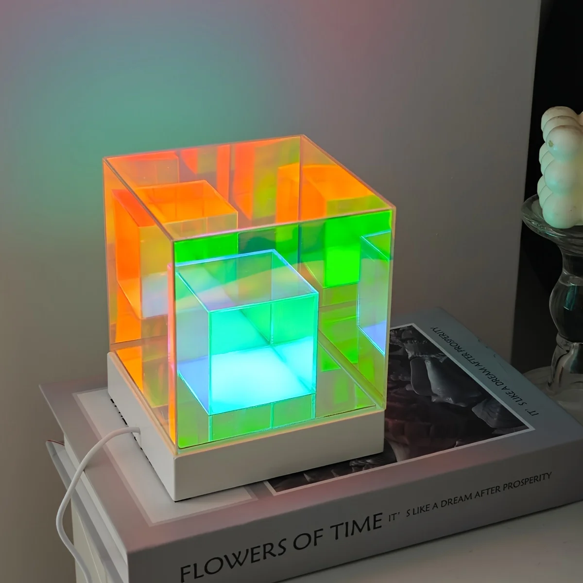 USB Powered RGB LED Modern Geometric Infinity Cube Table Lamp by Lighting Dimmable Push Button Uplight With Space Theme For Home