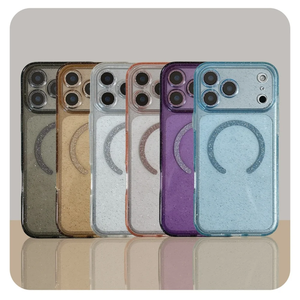 

Simple transparent solid color glitter magnetic mobile phone case, suitable for iPhone14/15/16/17 ProMax, new protective case