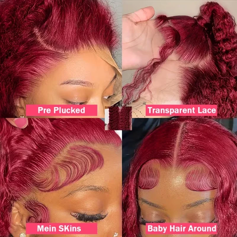 34 Inch Burgundy Human Hair Wig 99J Deep Wave 13x4 Lace Front Pre-Plucked 250 Density HD Transparent Lace Frontal Wig for Women