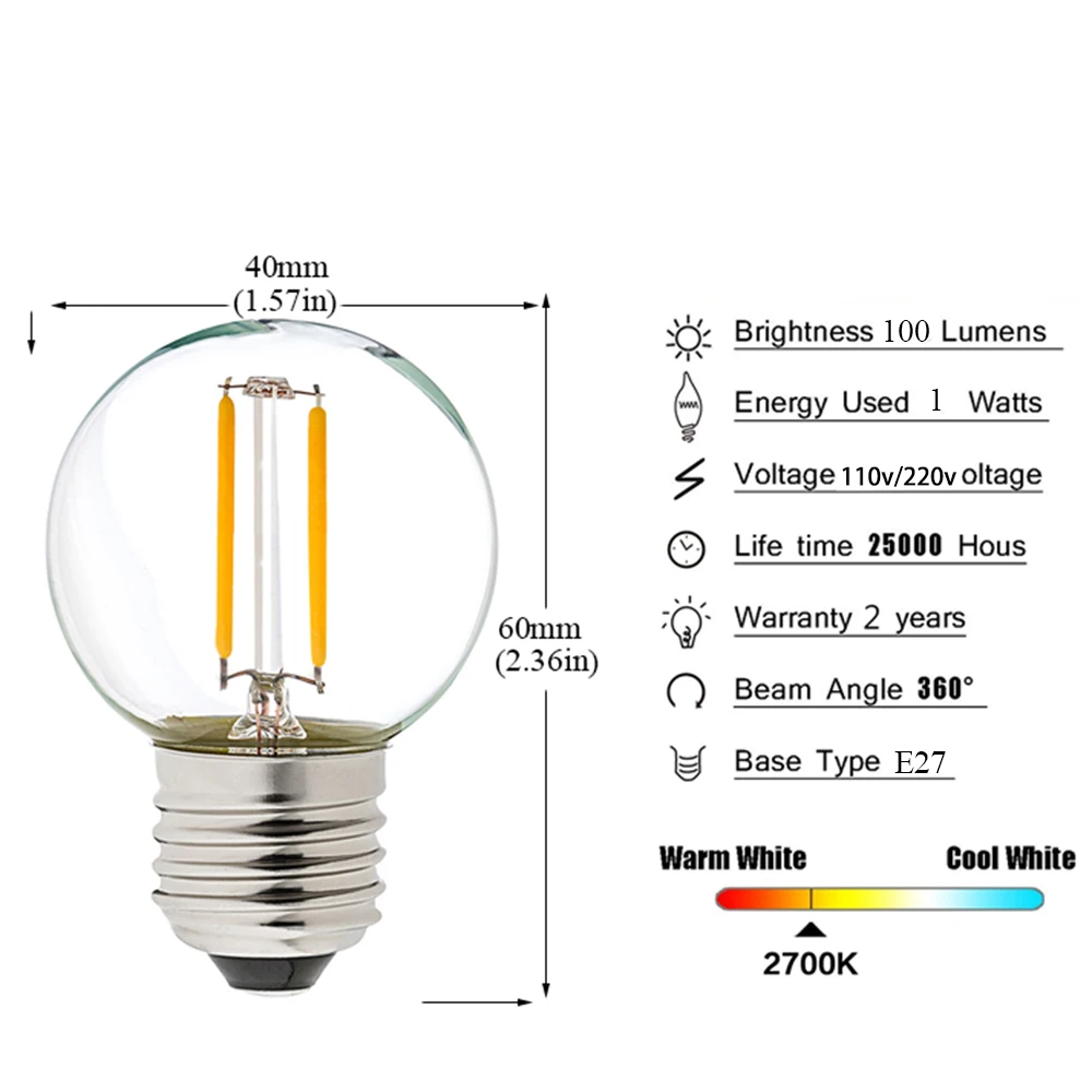 50PCS G40 1W LED String Lichter Ersatz Birne E12 220V Warm Weiß 2700K Glas LED Licht lampen 360 Grad Strahl Winkel Nicht-Dimmbare