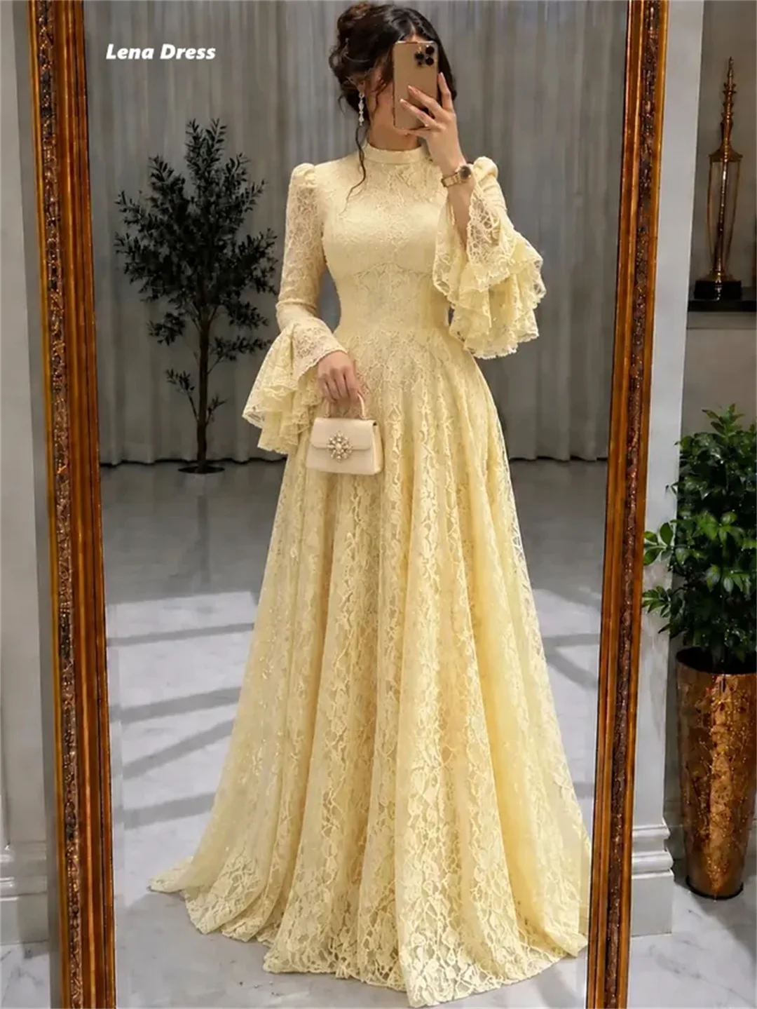 Lena Yellow Evening Dresses Woman Elegant Dresses for Women Long Party Customized Round Neck Embroidered Lace Prom Dress Women's