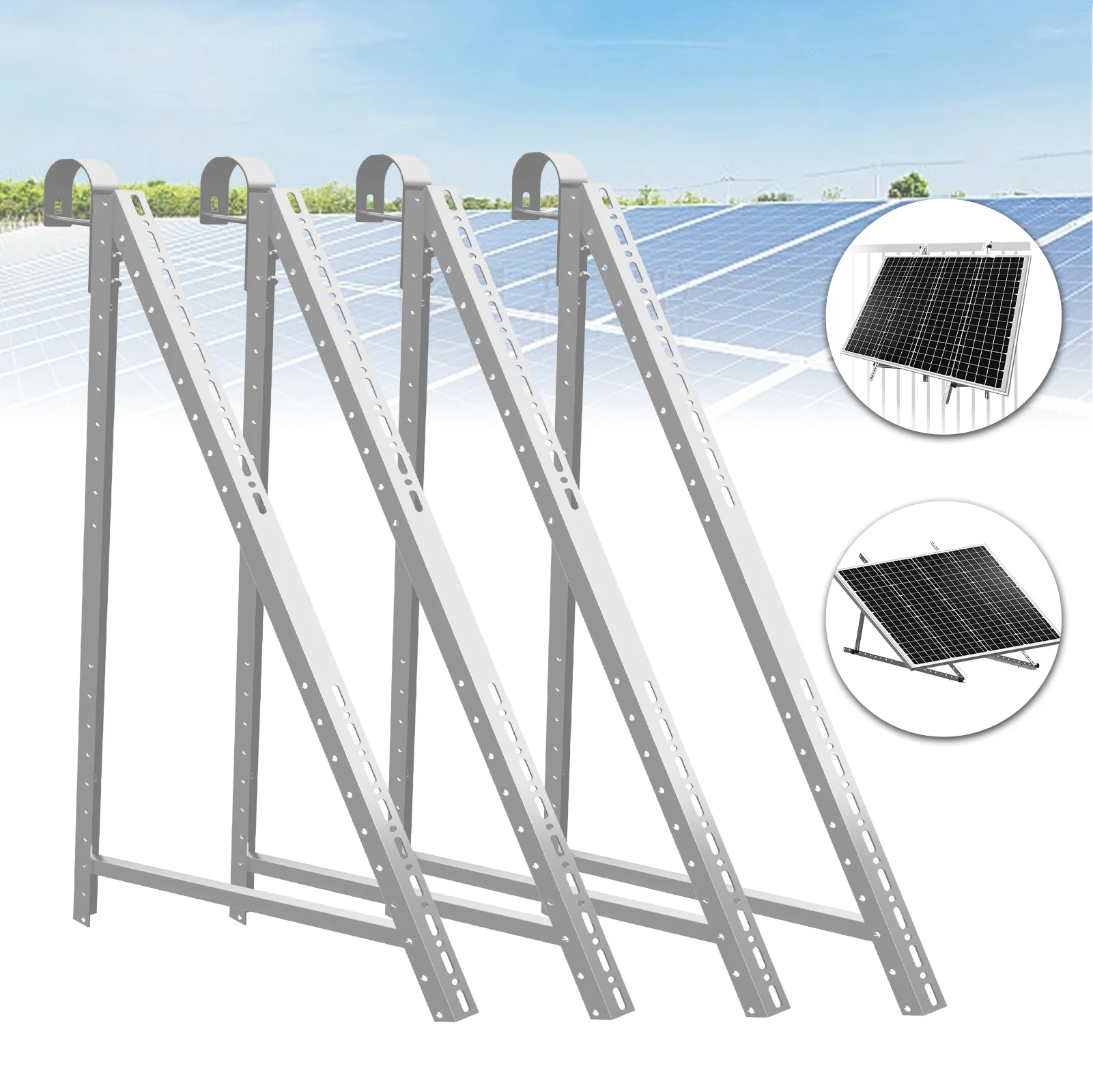 4 supporti per pannelli solari, 118 cm, con gancio rotondo per 2 pannelli solari – 2 set di supporti in alluminio per pannelli fotovoltaici da 100W-400W – per montaggio su ringhiere di balconi e