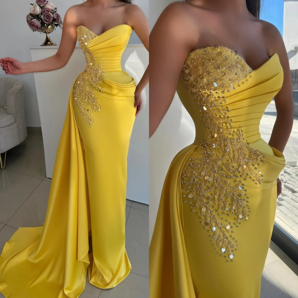 

Customized Graceful Yellow Satin Evening Dress Temperament Strapless Sleeveless Zipper Back Mermaid Crystal Homecoming Dress