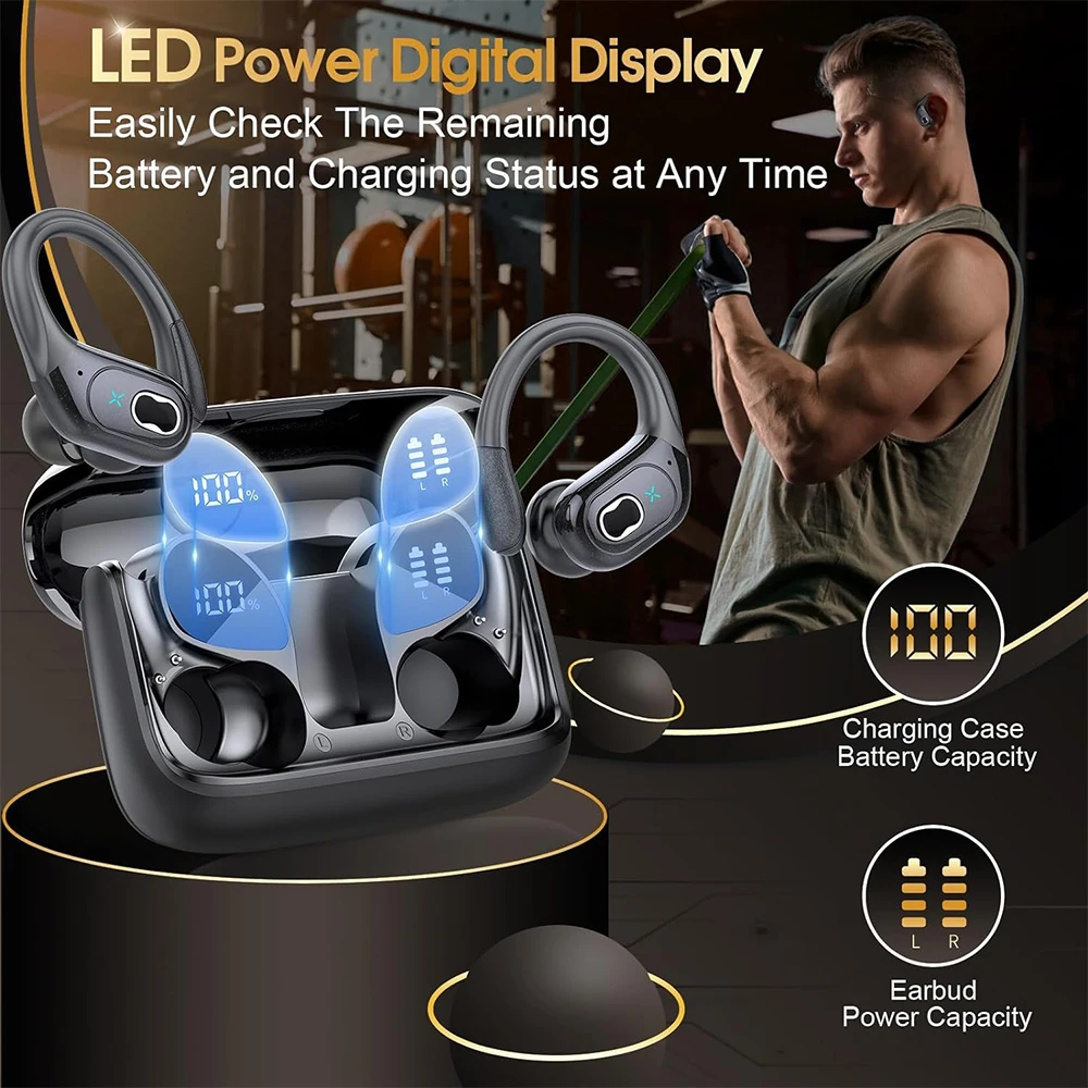 무선 이어버드, 이어후크 포함, 스테레오 딥 베이스 오버 이어 버드, 스포츠 2024 블루투스 5.3 헤드폰, 75 시간