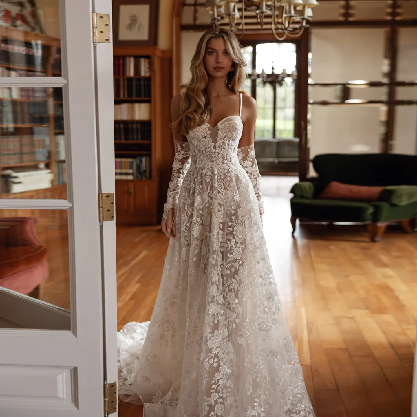 

Sharon Said Elegant Spaghetti Straps Off White Tulle Wedding Dress 2025 A-line Long Gloves Bride Gowns SW423 Customized
