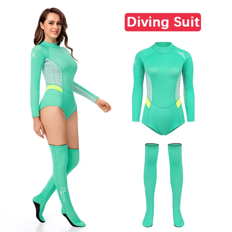 2MM Diving Suit- Neoprene Wetsuit Women Diving Stockings Long Sleeves Anti-UV Surf Snorkeling Thermal Fashion Swimsuit