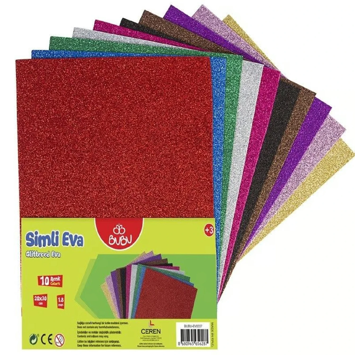 Bubu 20x30 Glittery 1.8mm Eva 10 Colors Cardstock Paper-10 Colors in 1 Pack 20x30 cm Colorful Craft Cardstock for Craft Project