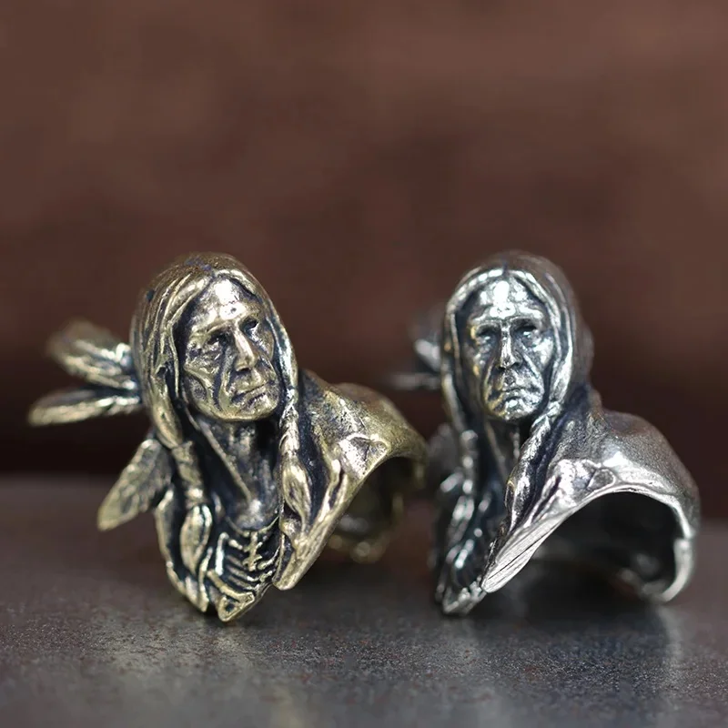 Pendentifs sculptés en laiton en forme de tête de chef indien, perles de couteau, accessoires EDC pour activités de plein air, DIY, paracorde, bracelet tressé fait main, cordon