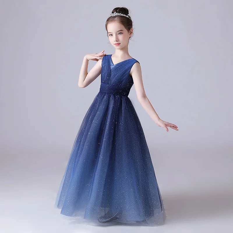 

Girls dress navy blue V-neck star mesh skirt floor-length bridesmaid dress