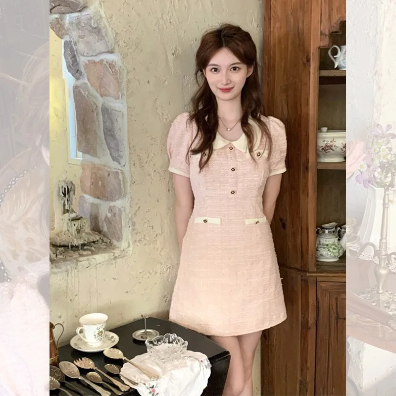 Women Pink Elegant Fashion Sweet Slim High Waist Mini Summer Dress Robe Femme