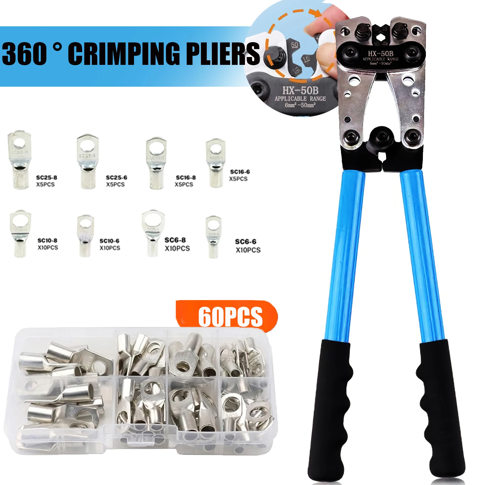 Herramienta de prensado Manual de cables portátil, alicates de prensado de HX-50B de 6-50mm 2/AWG 10-0, alicates de cableado Hexagonal