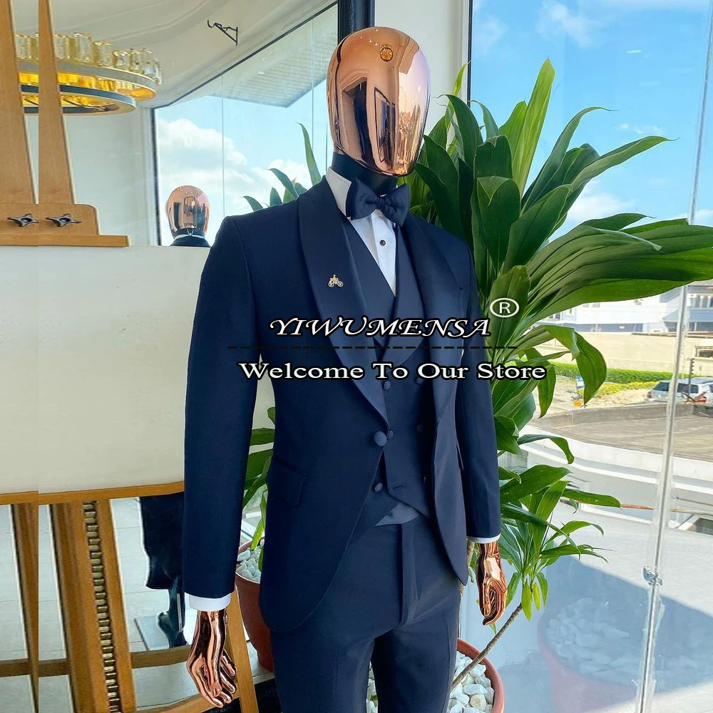 

Navy Blue Business Mens Suits Nothced Lapel Blazers-Sets Vintage Grooms Wedding Tuxedos Custom Made 3 Pieces Traje De Hombre