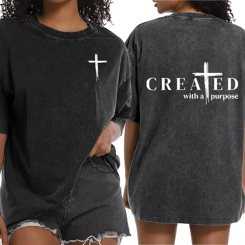 

Vintage Cross Pattern Women T Shirt Washed Short Sleeve Casual Loose Fit Classic Style Basic Tee Spiritual Phrase Apparel