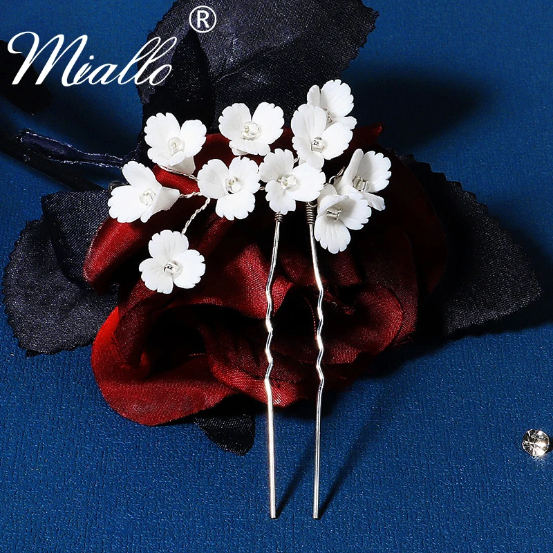 Handmade Ceramic Flower Hair Pins Forks Silver Color for Women  Bridal Wedding Hair Accessories Bride Jewelry Hairpins Gift