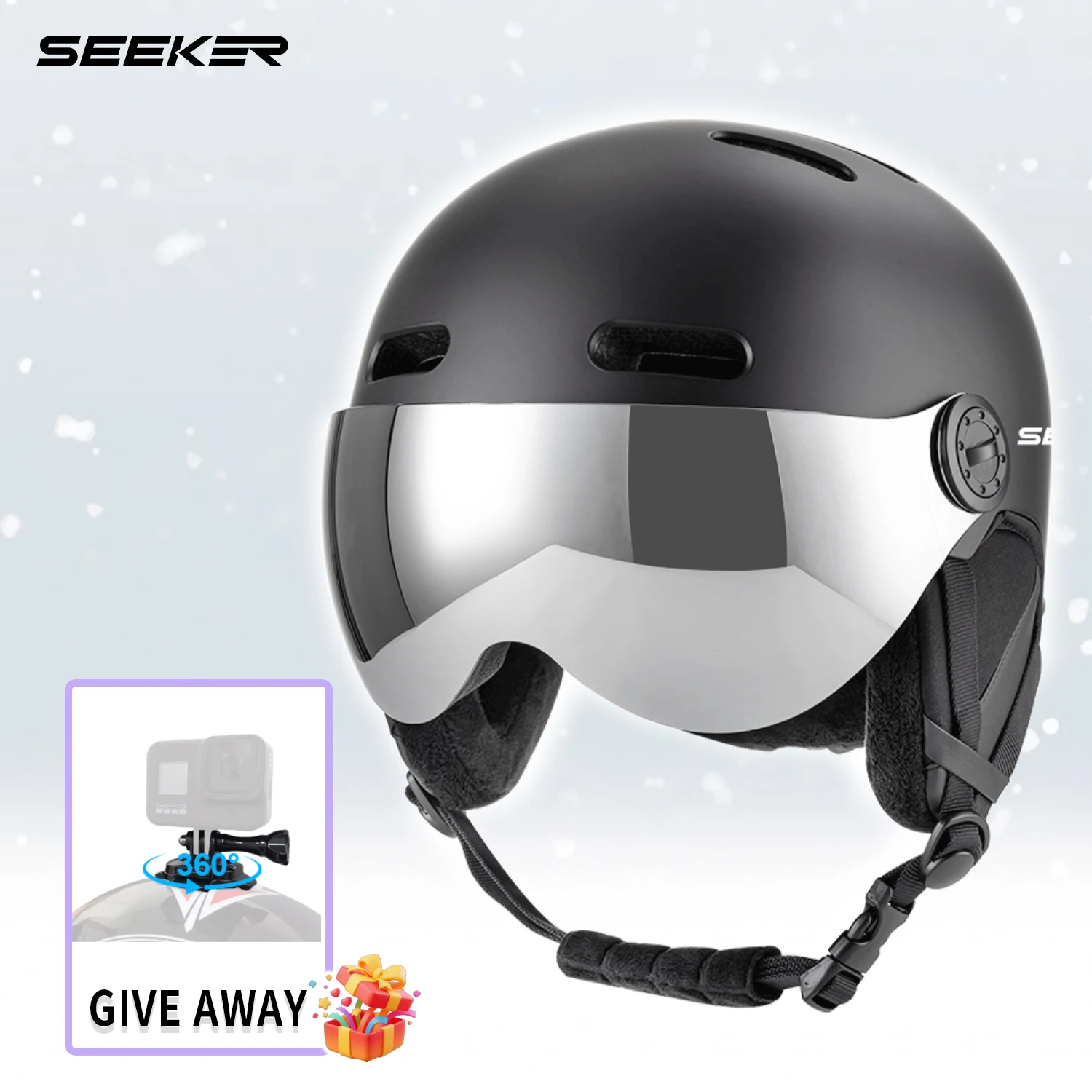 Ski Helmet With Integrated Visor - หมวกกันน็อคสกี SEEKER พร้อมที่ปิดหูแบบถอดได้ ให้ความอบอุ่น สำหรับผู้ชายและผู้หญิง ป้องกันการบาดเจ็บจากการเล่นกีฬาบนน้ำแข็งและหิมะกลางแจ้ง