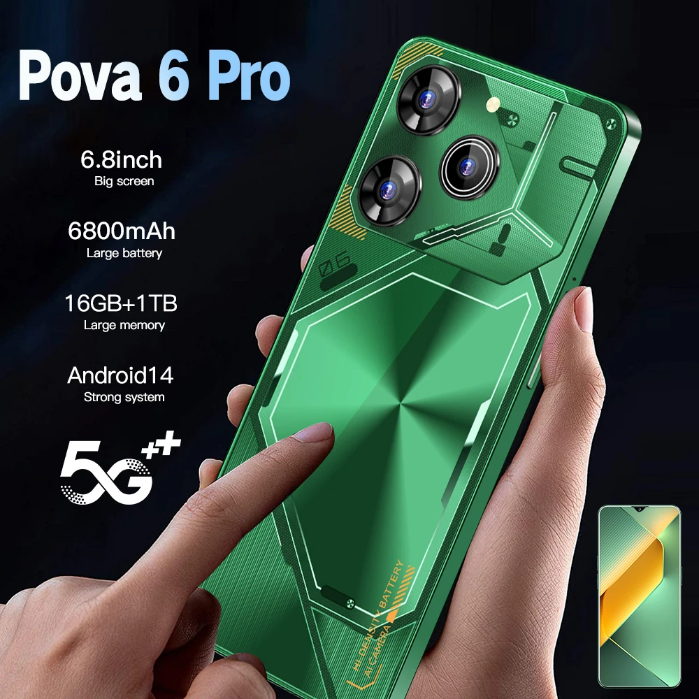 HOT Pova 6 Pro Smartphone 6.8 HD Android Mobile Phone Unlocked 5G Dual Sim Card 6800mAh 16GB+1TB Cellphone 72MP+108MP Celulares