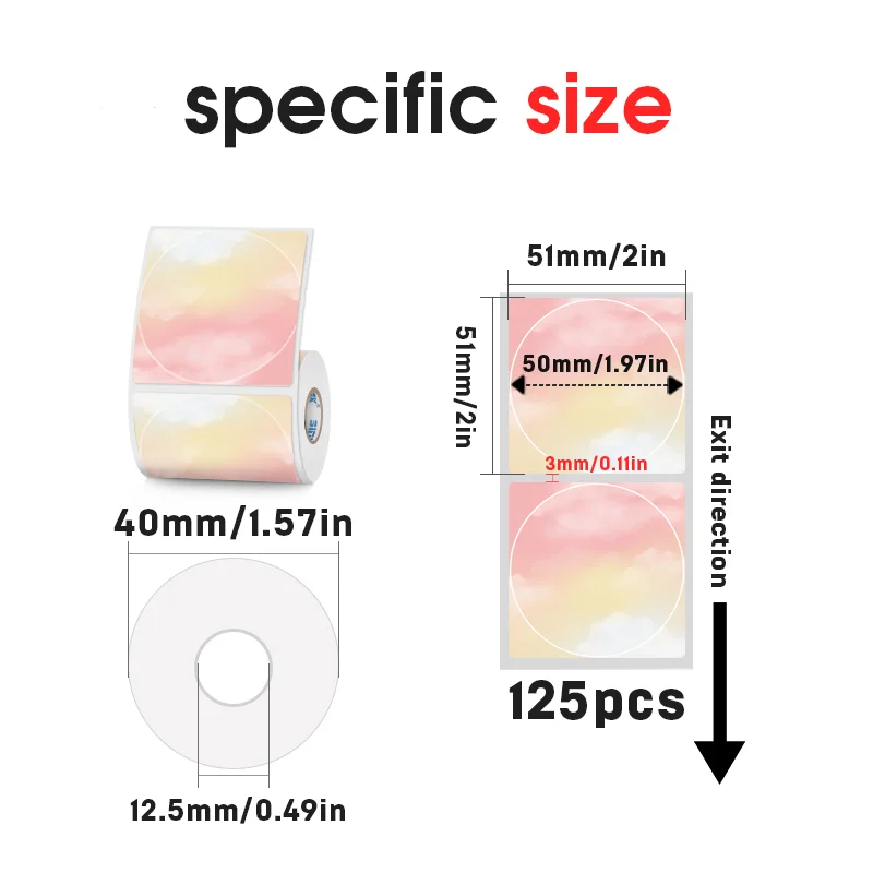 50mm Wide Color Thermal Label Paper Clouds Round Waterproof Labels Cute Handmade DIY Stickers Use for Portable Thermal Printer