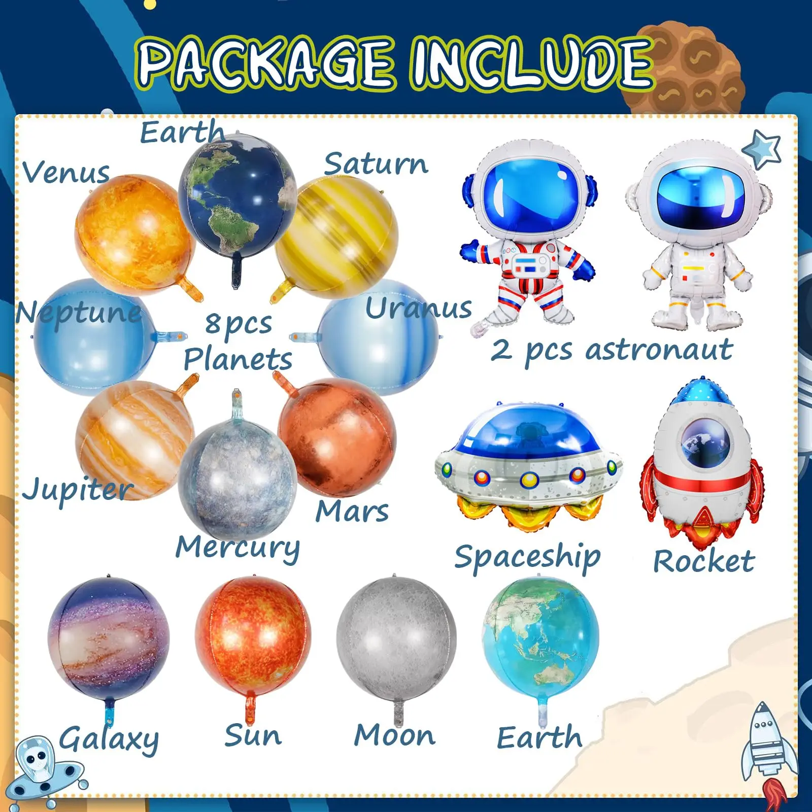 16Pcs Solar System Galaxy Space Balloon Outer Space Rocket Spaceship Astronaut Galaxy Sun Moon Earth Planet Birthday Party Decor