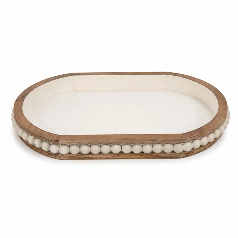 French Vintage Wood Bead Decorative Tray Oval, Wood Resin Vanity Organizer for Perfume Jewelry Coffee Table Farmhouse Home Decor