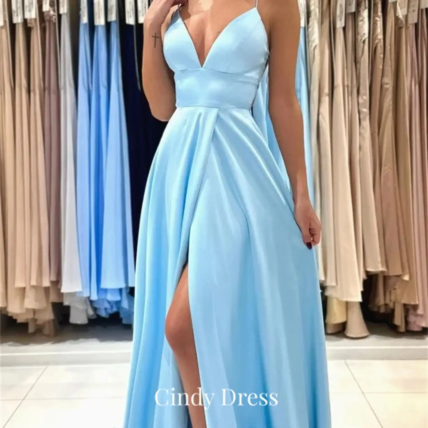 

Cindy Blue V-neck Backless Slit Sexy Evening Dresses Elegant Party Women Luxury Women's Turkey Customs Products Formal Dress