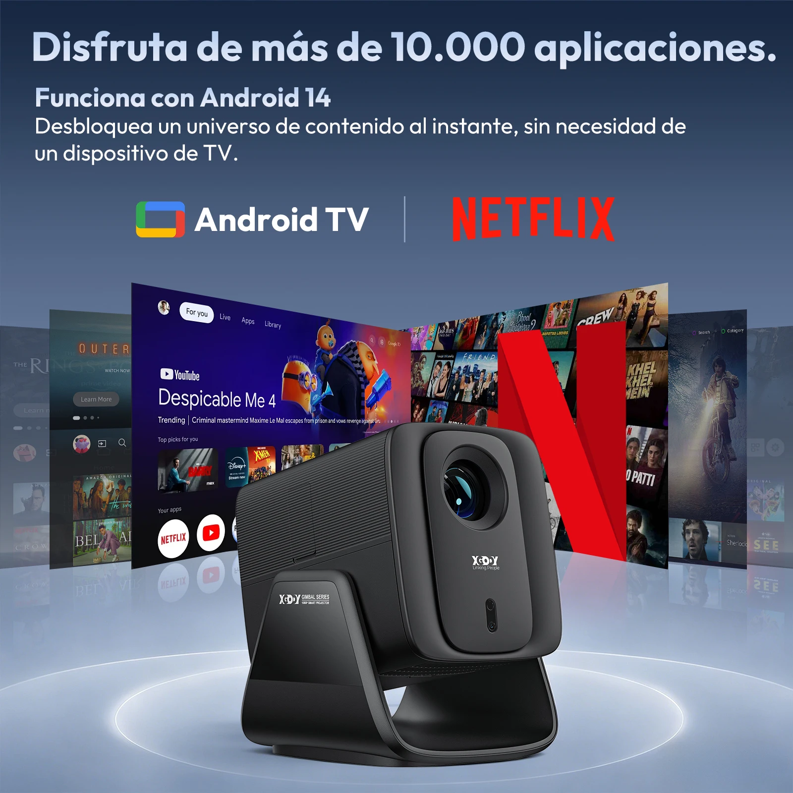 Proyector XGODY 1000 ANSI 4K Android 14 de corta distancia con enfoque automático, corrección trapezoidal 4D, WIFI6, BT5.4, cine en casa