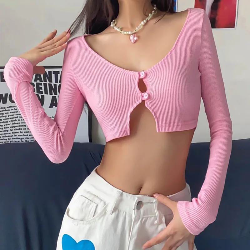 INSMIRCOGIRL Summer New Women Sweet Pink V-neck Knit Cardigan Ultra Short Slim Long Sleeved T Shirt Top Y2K Solid