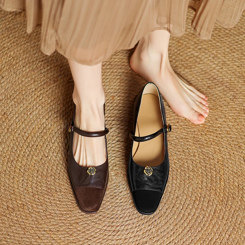 حذاء ماري جين المسطح النسائي المتطور - جلد الغنم الفاخر مع إبزيم وردي، أسود وبني، كعب 0.8 بوصة، مريح #2