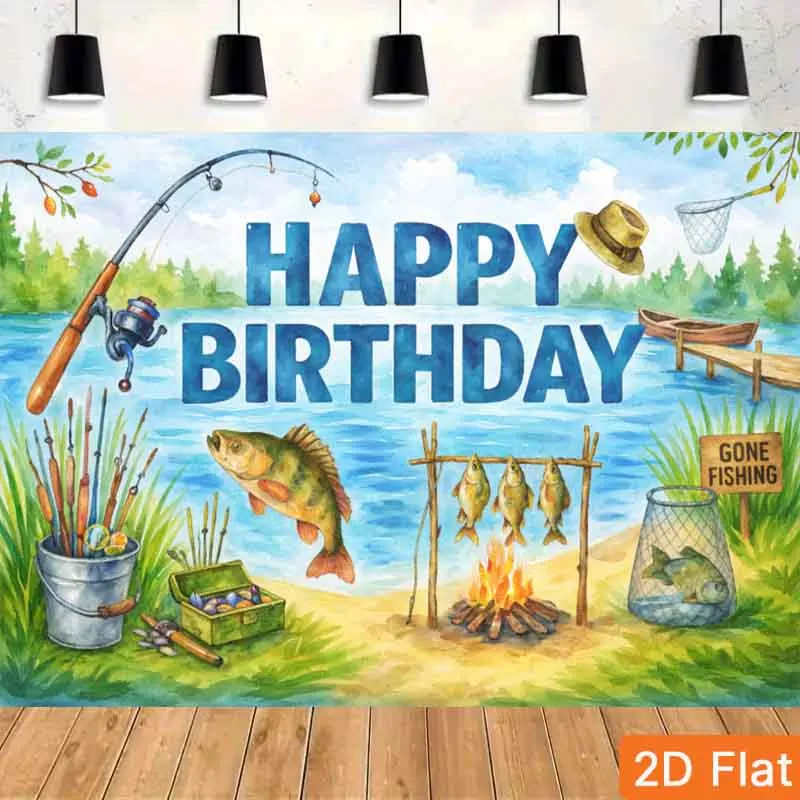Happy Birthday Fishing Backdrop Rod Fish Lake Background for Fisherman Themed Party Decorations Photo Booth Props Customize