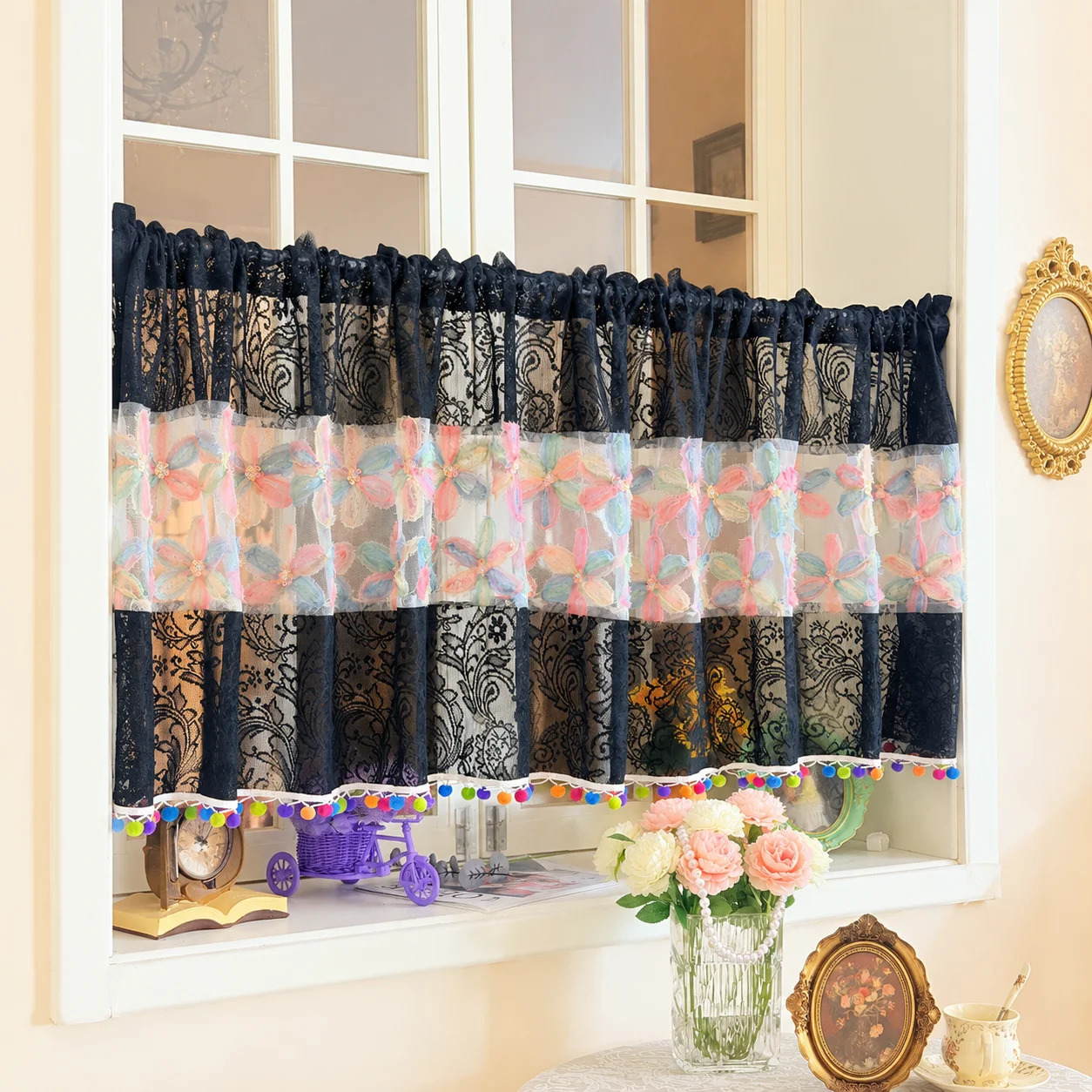 Black Lace Sheer Valance Curta - đánh giá và giá Embroidery Kitchen