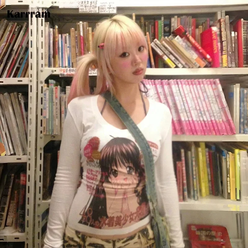 Karrram Japanese Y2k Anime Print T-shirt 2000s Aesthetics Long Sleeve Tee Shirt Vintage Harajuku V-neck White Tops Kawaii Lolita — zdjęcie 2