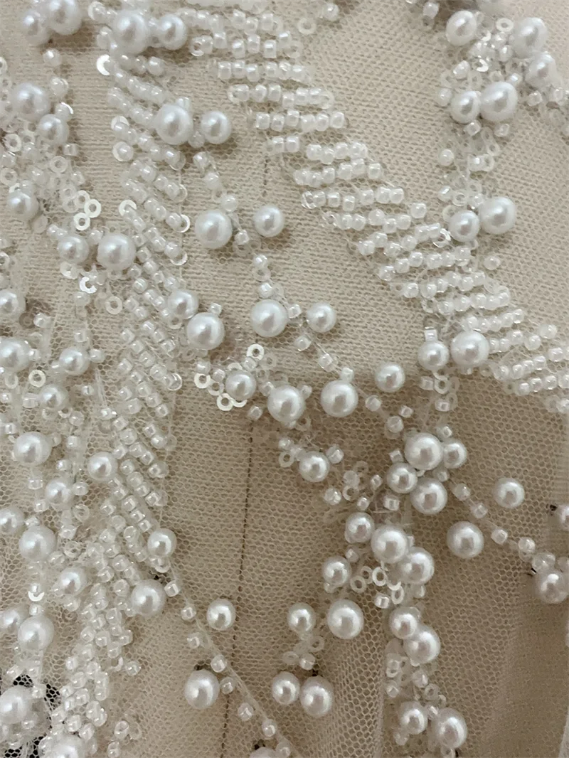 Unique  Top Quality Heavy Rich Pearls Beads Off White Wedding Gown Dress Lace Fabric Sell By 1 Yard