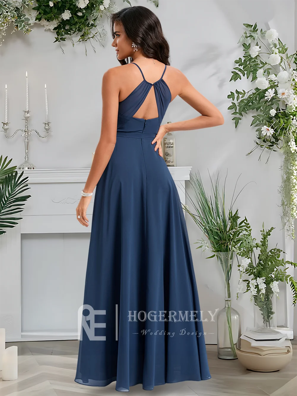 أ ​ فساتين وصيفة العروس أنيقة باللون الأزرق الداكن ورقبة واسعة بطول الأرض شيفون مع وشاح كشكش لحفلات الزفاف فستان الضيوف 2025 ​