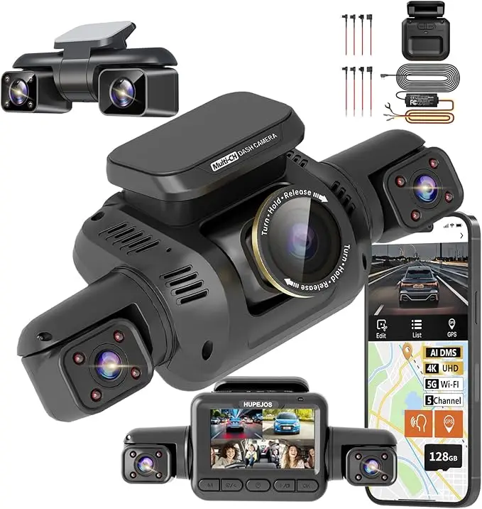 HUPEJOS 360° °   V8 Ultra-5CH 4K Dash Cam met AI Driver Monitor Systeem DMS Ingebouwde GPS WiFi Nachtzicht, 24/7 Parkeermonitormodus