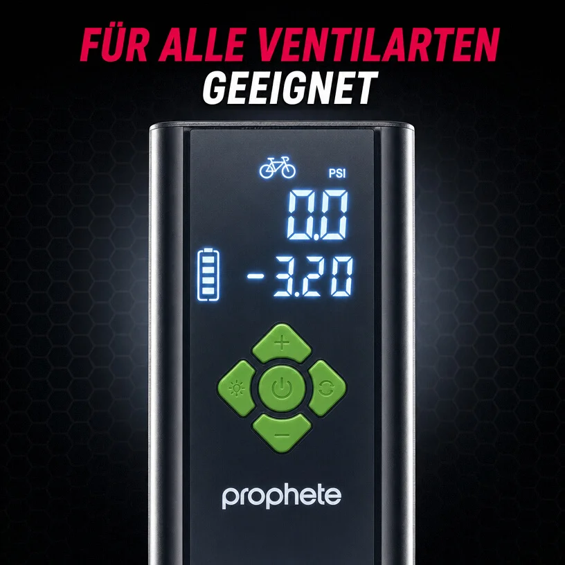 Prophete Elektrische Akkupumpe – kompakte Luftpumpe für Fahrradreifen, Bälle & Luftmatratzen – 4000 mAh Akku, 8,3 bar Maximaldruck, LED-Licht & Powerbank-Funktion, inkl. Adapter & USB-C Ladekabel