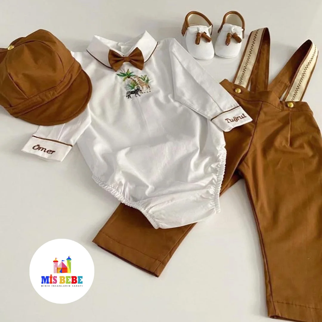 Baby Boy Outfit Set - Personalized White Bodysuit, Brown Pants, Hat, Shoes & Bow Tie - Custom Name Embroidery