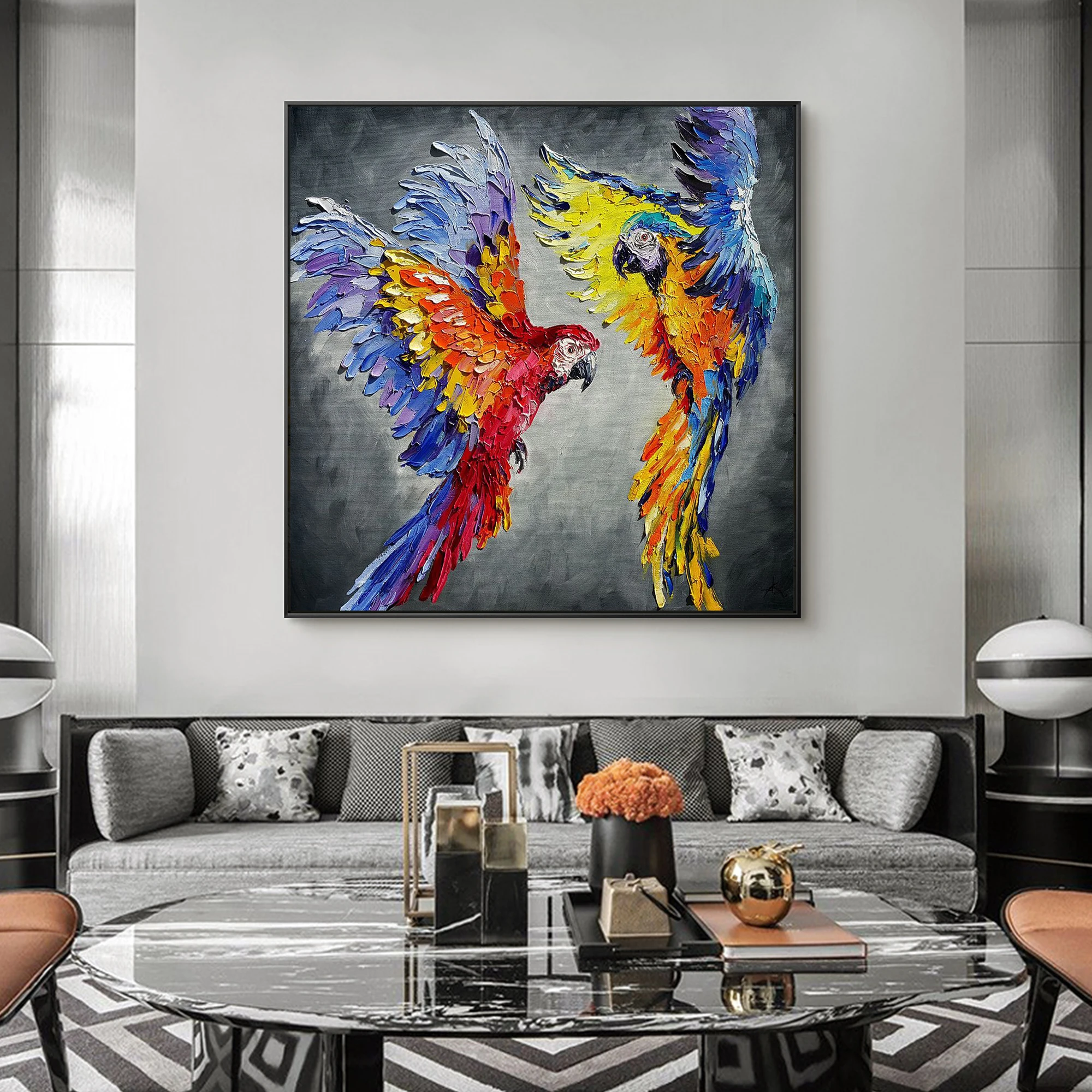 Colorful Parrot Acrylic Animal Painting On Canvas Large Wall Art Palette Knife Textured Hand-Painted Modern Living Room Wall Art