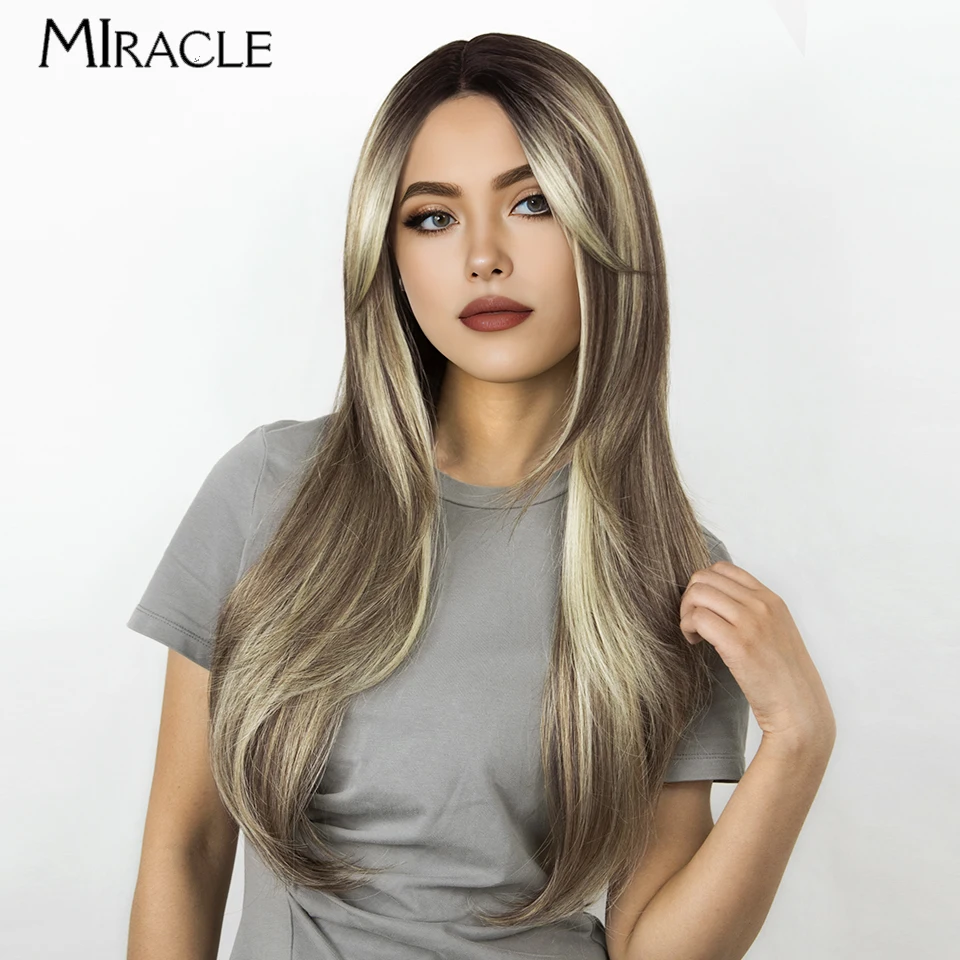 

MIRACLE Synthetic Lace Front Wig for Women Straight Wig 26 Inch Ombre Blonde Lace Wig With Bangs Female Cosplay Wig Fake Hair