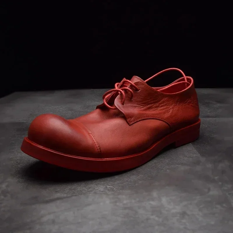 Genuine Leather Low Help Men's Big Scalp Shoes Round Head Thick Bottom Soft Real Leather Retro Shoes Men Hairdresser Designer — zdjęcie 2