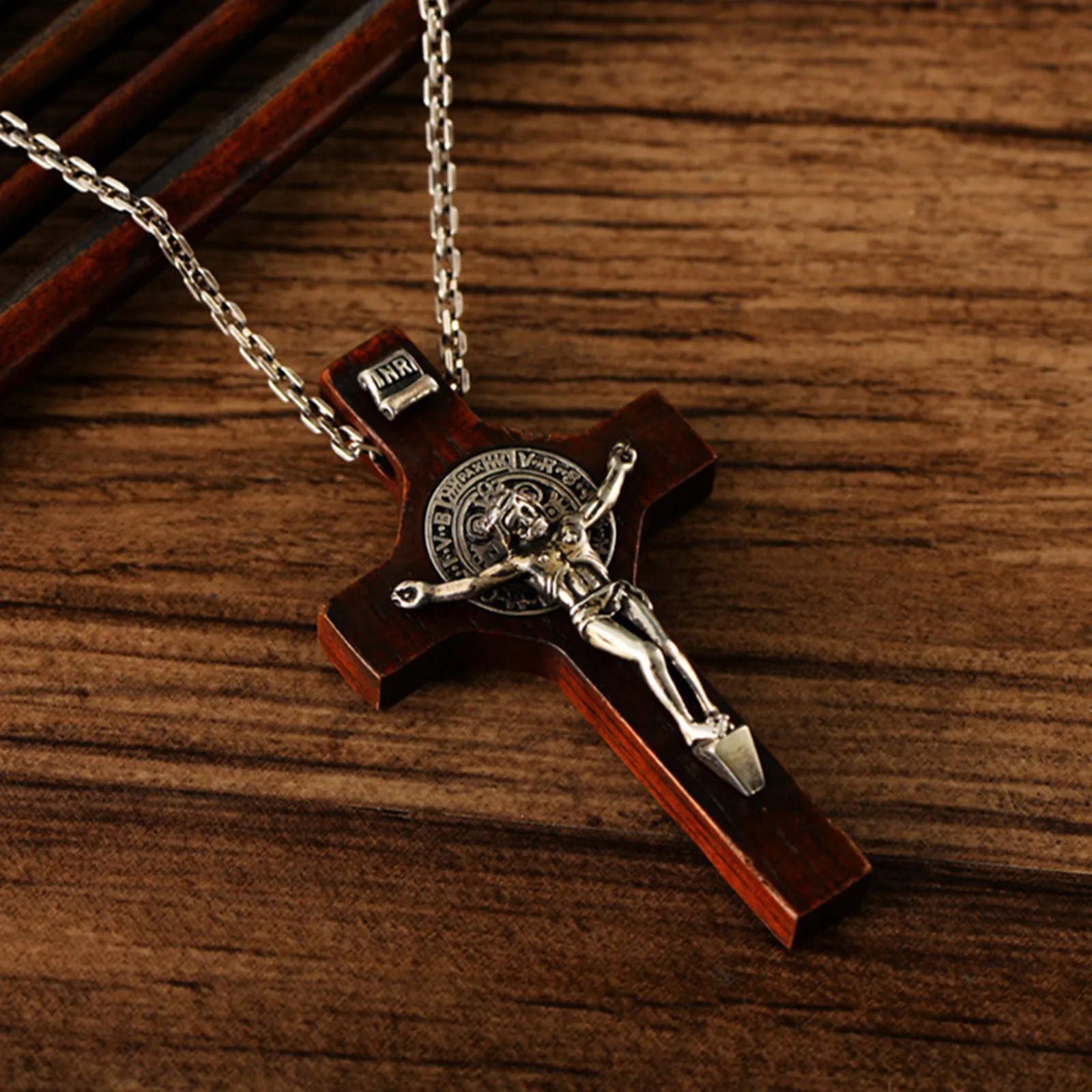 Sterling Silver 925 Saint Benedict Crucifix Sandalwood Pendant Stainless Steel Chain Necklace Catholic Orthodox Wood Jewelry