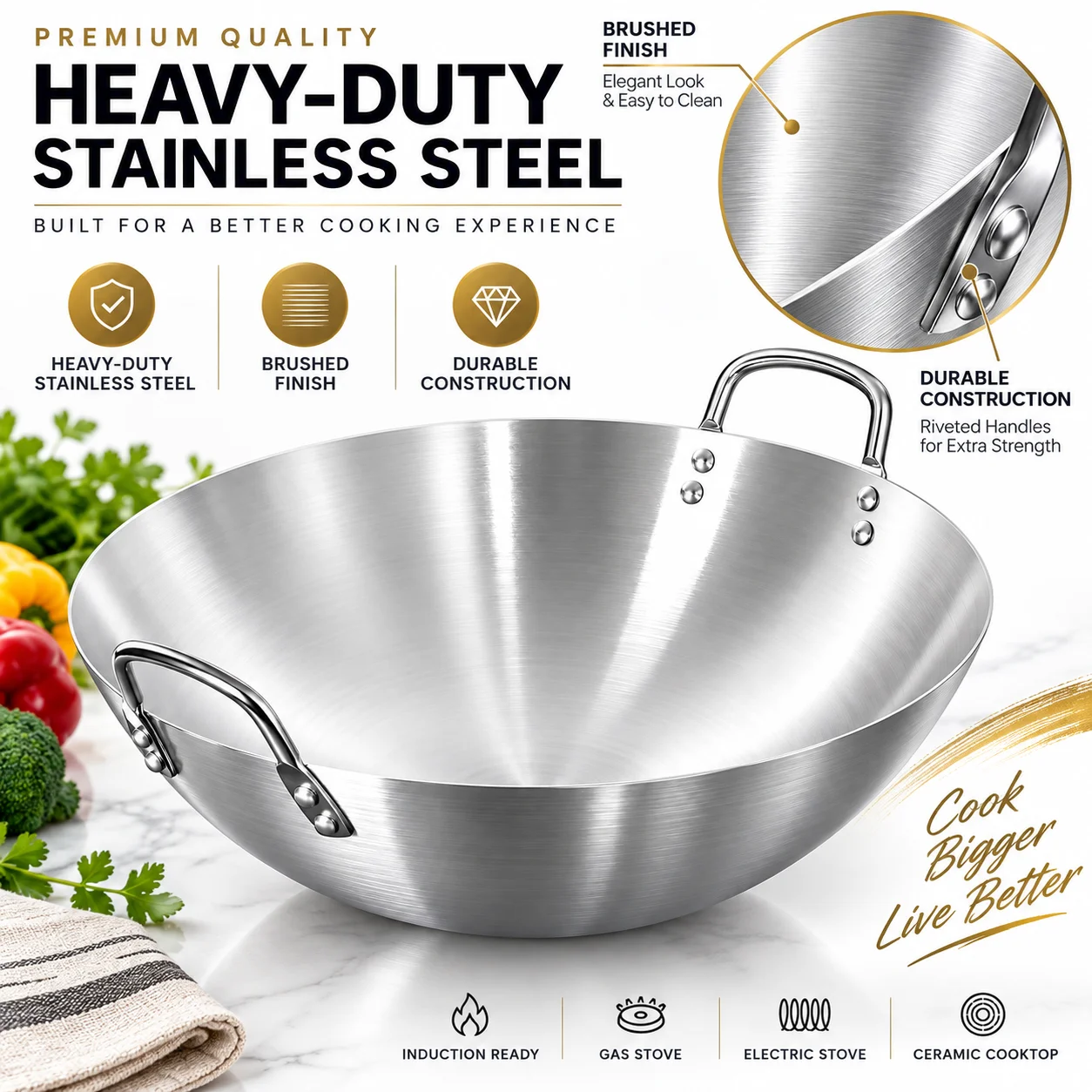 38CM Heavy Duty Stainless Steel Wok, Large Deep Stir Fry Pan with Dual Riveted Handles, Durable Cooking Wok for Stir-Frying, Frying, Boiling & Stewing, Home Kitchen Cookware