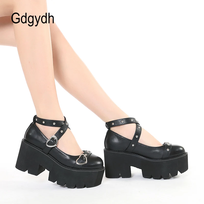 Gdgydh Gothic Lolita Shoes Platform Mary Janes for Women Round Head Thick Heel Cross Bandage Heart Buckle Kawaii Shoes Cosplay