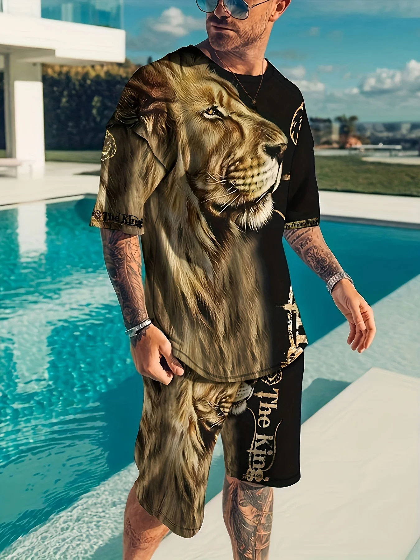 New Summer Fashion Short-Sleeved Simple Shorts Suit Plus Size Men's Lion Digital Print Sports Suit Suitable For Spring And Summe