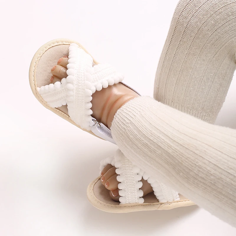 Baby Girls Boho Pom Sandals Summer Woven Strap Adjustable Ankle Strap Soft Non Slip Sole Infant First Walkers Shoes 0-18M