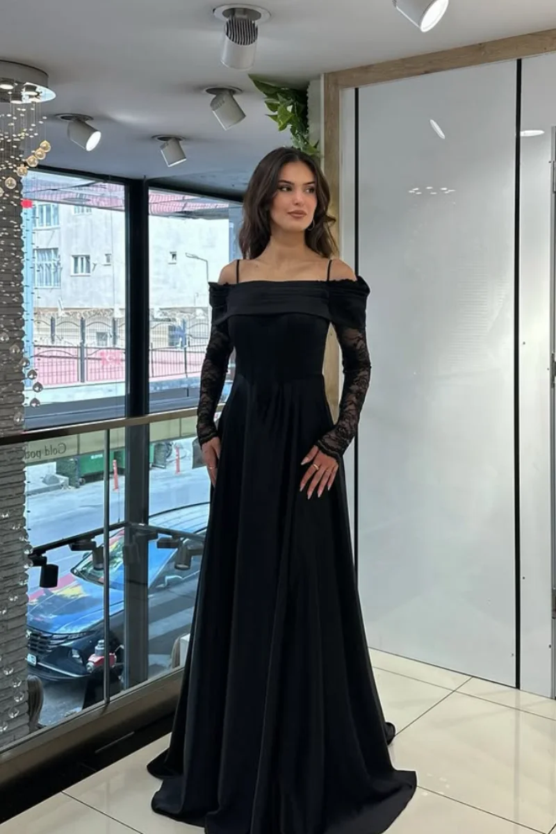 Jessica Occasioni formali Abiti da sera Maniche lunghe in pizzo Abiti da ballo A-line in raso da donna Abiti da gala personalizzati