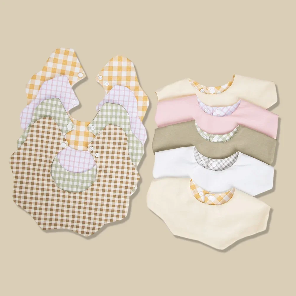 360 ° Bavoirs en coton pour bébés, garçons et filles, serviette de salive à carreaux, mignon coréen, col pétale rotatif, bouton réglable, tissu d'alimentation pour rots