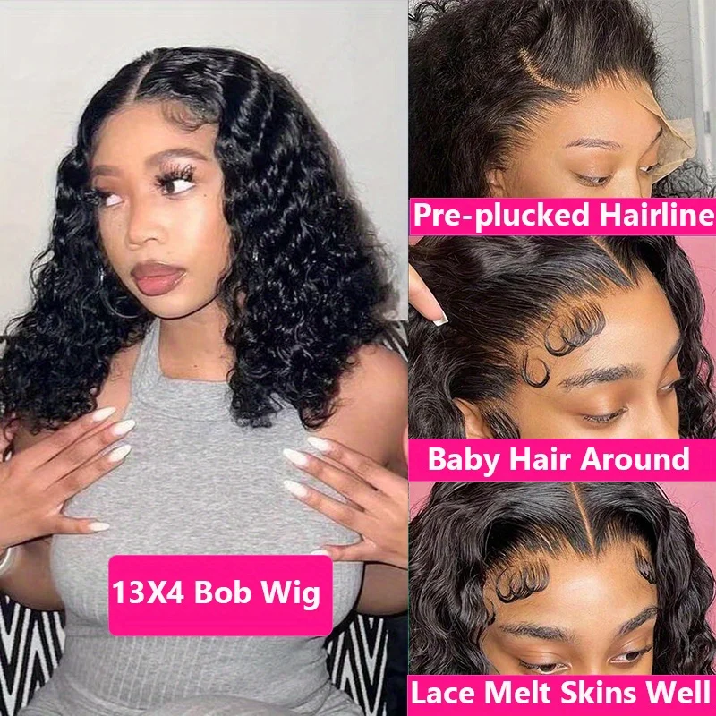 Perucas lace front onda profunda para mulheres, cabelo humano remy, peruca curta Bob, pré arrancada com cabelo de bebê, linha fina natural, densidade de 200% 13x4