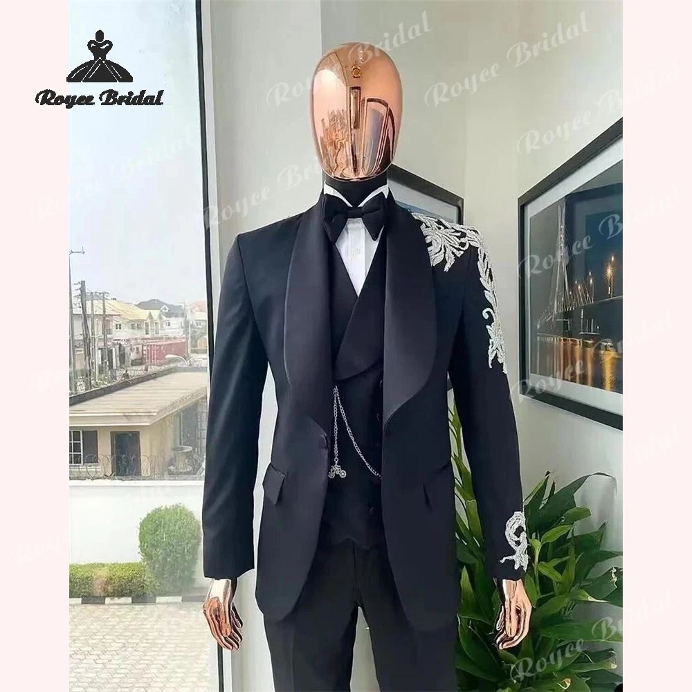 Luxury Appliques Three Piece Single Breasted Wedding Men's Suits 2026 Shawl Collar Slim Fitted costume homme mariage