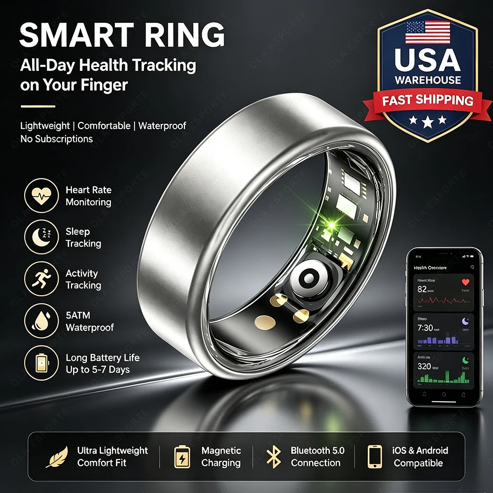 Blood Pressure Heart Rate Sleep Health Monitor Smart Ring Sport Remote Camera SmartRing IP68&5ATM Waterproof Care for family Ring Men Women Fitness SmartRing Ships From USA