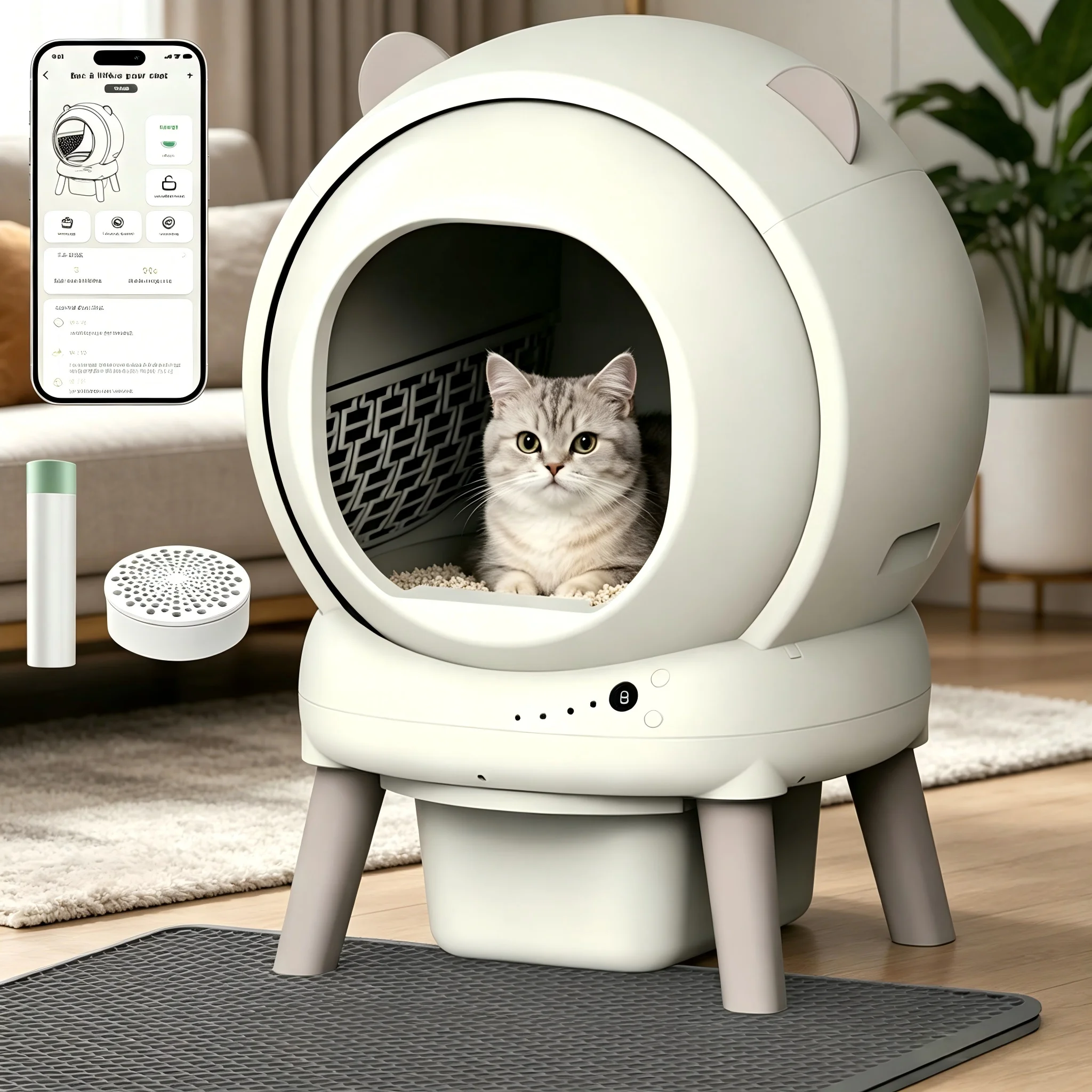 Litière pour chat autonettoyante, grande capacité de 65L, équipée de capteurs de sécurité, contrôle à distance par WiFi et application, système de protection anti-pincement, toilette pour chat