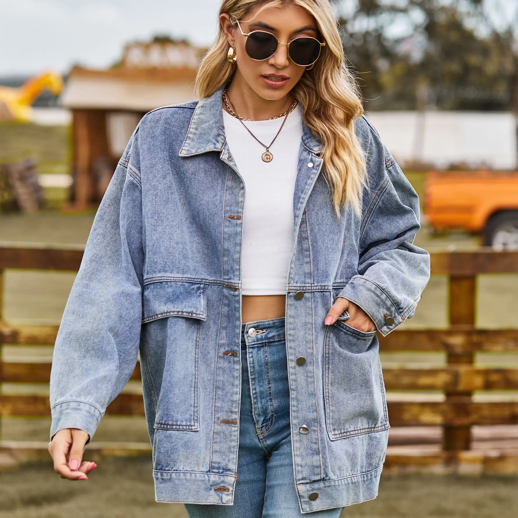 2023 Autunno delle nuove donne a maniche lunghe giacca di jeans moda allentato versatile di media lunghezza jeans cappotto abbigliamento casual S-2XL